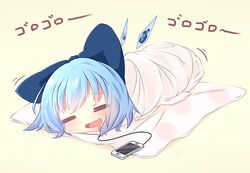  =_= akisha bad_id bad_pixiv_id bedroll blue_bow blue_hair bow cable cellphone cirno drooling earphones female ice ice_wings light_blush lowres mouth_drool open_mouth phone polka_dot rolled_up rolling short_hair simple_background smartphone smile solo touhou wings 