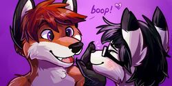  2015 2:1 anthro avoid_posting black_hair black_nose blush boop canid canine canis cassius_(foxtalic) denden duo eyewear fox fur glasses hair heart_symbol hybrid klippy low_res male mammal orange_body orange_fur orange_hair poking purple_eyes smile teeth white_body white_fur wolf 