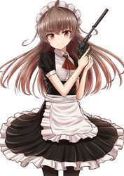  &gt;:) ahoge apron ascot black_dress black_pantyhose blush brown_hair closed_mouth commentary_request cowboy_shot dress female floating_hair frilled_dress frills gun handgun highres holding holding_gun holding_weapon long_hair looking_at_viewer maid maid_headdress miyako_(yakob_labo) original pantyhose puffy_short_sleeves puffy_sleeves red_eyes revolver short_sleeves simple_background smile smug solo standing straight_hair suppressor trigger_discipline tsurime v-shaped_eyebrows very_long_hair waist_apron weapon white_apron white_background wing_collar yakob_labo 