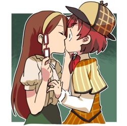  2girls anzai_miyako blue_eyes brown_capelet brown_hair brown_headwear capelet closed_eyes commentary_request deerstalker facing_another from_side furusawa_yoriko glasses hachi_(8bit_canvas) hairband hat highres holding holding_removed_eyewear idolmaster idolmaster_cinderella_girls kissing long_hair long_sleeves looking_at_another multiple_girls plaid_headwear puffy_short_sleeves puffy_sleeves red-framed_eyewear red_hair short_hair short_sleeves surprise_kiss surprised thick_eyebrows unworn_eyewear yuri 