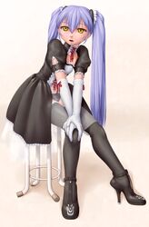  ^jj^ black_dress black_thighhighs blue_hair blush commentary_request dress elbow_gloves female frilled_dress frills gloves gothic_lolita hands_on_own_thighs highres hoshino_ruri juliet_sleeves kidou_senkan_nadesico lolita_fashion long_hair long_sleeves looking_at_viewer puffy_sleeves solo thighhighs twintails white_gloves yellow_eyes 