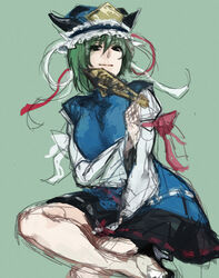  arm_ribbon asakura_noi bare_legs commentary_request female green_hair hair_between_eyes hand_on_leg hat looking_at_viewer ribbon rod_of_remorse shiki_eiki sitting skirt solo tabard touhou 