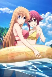  2girls ass bad_link bikini bikini_top_only blue_eyes breast_press breasts chaos;child cleavage cloud cloudy_sky day frilled_bikini frills grin highres innertube kurusu_nono light_brown_hair long_hair looking_at_viewer medium_breasts multiple_girls official_art onoe_serika outdoors parted_lips red_bikini red_eyes red_hair sidelocks sky smile standing swim_ring swimsuit symmetrical_docking transparent tree v very_long_hair wading water yellow_bikini 