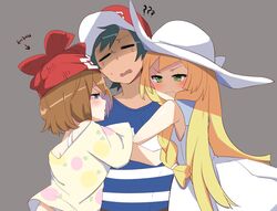  1boy 2girls ? ?? blonde_hair blue_eyes confrontation cosplay green_eyes jealous lillie_(pokemon) multiple_girls pokemon pokemon_(anime) pokemon_sm pokemon_sm_(anime) pokemon_xy_(anime) satoshi_(pokemon) selene_(pokemon) selene_(pokemon)_(cosplay) serena_(pokemon) shaded_face 