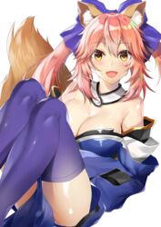  absurdres animal_ear_fluff animal_ears atora bad_id bad_pixiv_id bare_shoulders blue_ribbon blue_thighhighs blush breasts cleavage detached_sleeves fate/extra fate/grand_order fate_(series) female fox_ears fox_girl fox_tail hair_ribbon highres japanese_clothes large_breasts looking_at_viewer oerba_yun_fang open_mouth pink_hair ribbon simple_background solo tail tamamo_(fate) tamamo_no_mae_(fate/extra) thighhighs white_background yellow_eyes 