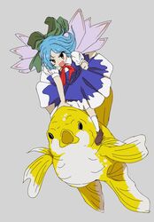  bad_id bad_twitter_id blue_dress blue_eyes blue_hair bow cirno dress female fins fish green_bow hairbow ice ice_wings open_mouth oshouyu_tabetai puffy_short_sleeves puffy_sleeves red_ribbon ribbon riding shoes short_hair short_sleeves simple_background solo touhou white_legwear wings 