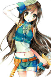  bad_id bad_pixiv_id black_hair blush breasts brown_eyes brown_hair cosplay denim denim_shorts female final_fantasy final_fantasy_ix garnet_til_alexandros_xvii gloves kouyafu long_hair looking_at_viewer low-tied_long_hair medium_breasts midriff navel shorts smile solo zidane_tribal zidane_tribal_(cosplay) 