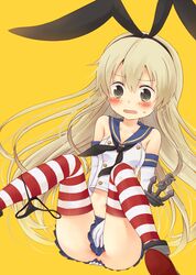  blonde_hair brown_eyes commentary_request crying crying_with_eyes_open elbow_gloves female gloves hair_ornament hair_ribbon kantai_collection long_hair microskirt midriff navel ribbon shimakaze_(kancolle) siva skirt smile solo striped_clothes striped_thighhighs tears thighhighs 