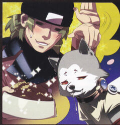  atlus blush bodily_fluids brown_hair canid canine canis clothing collar domestic_dog drooling duo hair hat headgear headwear human koromaru male mammal megami_tensei megami_tensei_persona persona_(series) persona_3 red_eyes saliva sega shiba_inu shinjiro_aragaki spitz unknown_artist 