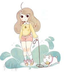  :&lt; ahoge animal animal_print arms_at_sides bee bee_(bee_and_puppycat) bee_and_puppycat bell blush_stickers bow brown_hair bug character_print closed_mouth commentary_request eyelashes feline female frown full_body holding holding_leash jingle_bell kneehighs knees_together_feet_apart leash long_hair long_sleeves looking_at_another looking_down michelle_mantale motion_lines pigeon-toed print_shirt puppycat red_shorts shirt shoes shorts signature socks swept_bangs tail tail_wagging white_background yellow_footwear 