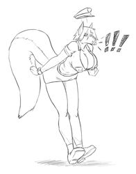  anthro big_breasts biped black_sclera breasts canid canine canis cleavage clock clothed clothing digital_drawing_(artwork) digital_media_(artwork) exclamation_point female footwear hair jen_(jindragowolf) jindragowolf mammal monochrome police police_hat police_uniform shoes solo uniform watch whistle_(object) wolf 