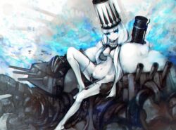  abyssal_ship blue_eyes boots breasts capelet colored_skin commentary_request covered_nipples female hat highres kajaneko kantai_collection long_hair machinery medium_breasts northern_water_princess sitting solo thigh_boots thighhighs turret white_hair white_skin white_thighhighs 