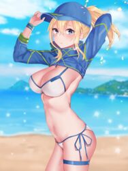  adjusting_clothes adjusting_headwear artoria_pendragon_(fate) baseball_cap beach bikini blonde_hair blue_eyes blue_hat blue_jacket breasts commentary_request cropped_jacket day error_dot fate/grand_order fate_(series) female from_side hair_between_eyes hat highres jacket large_breasts long_hair looking_at_viewer mysterious_heroine_xx_(fate) outdoors ponytail shrug_(clothing) side-tie_bikini_bottom solo swimsuit thigh_strap white_bikini wristband zipper zipper_pull_tab 