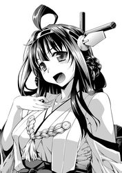  bare_shoulders blush commentary_request detached_sleeves double_bun female greyscale hair_bun hair_ornament hairband headgear japanese_clothes kantai_collection kongou_(kancolle) long_hair monochrome nontraditional_miko open_mouth portrait smile solo yamaguchi_homupe 