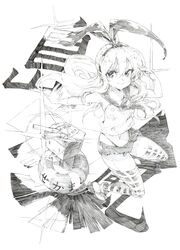  animal_ears bad_id bad_pixiv_id character_name commentary_request elbow_gloves fake_animal_ears female gloves graphite_(medium) greyscale hair_ribbon highres kantai_collection long_hair looking_at_viewer midriff miniskirt monochrome navel neckerchief oshake panties rabbit_ears rensouhou-chan ribbon shimakaze_(kancolle) shirt skirt sleeveless sleeveless_shirt smile solo striped_clothes striped_thighhighs thighhighs traditional_media underwear 