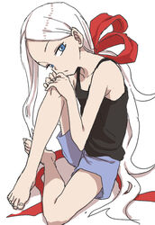  blue_eyes commentary_request female fudatsuki_kyouko fudatsuki_no_kyouko-chan hair_ribbon highres knee_up long_hair looking_at_viewer red_ribbon ribbon shorts sitting solo tank_top very_long_hair white_hair yamamoto_souichirou 