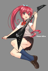  commentary_request electric_guitar female free! guitar highres instrument iwatobi_high_school_uniform jackson_guitars jackson_king_v long_hair looking_at_viewer mary_janes matsuoka_gou open_mouth photoshop_(medium) piano-alice plectrum ponytail red_eyes red_hair school_uniform shiny_skin shoes smile solo whammy_bar 