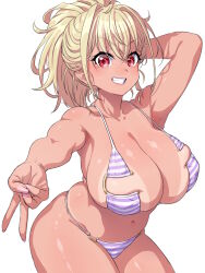  arm_behind_head bikini blonde_hair breasts curvy female florida_bikini grin highres huge_breasts looking_at_viewer navel onsoku_inu original red_eyes simple_background smile solo striped_bikini striped_clothes swimsuit tan v white_background 