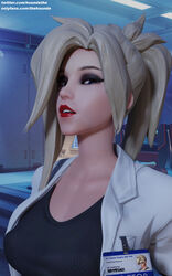  1girls 3d 3d_(artwork) angela_ziegler blizzard_entertainment blonde_hair close-up clothed doctor female female_only heroine human labcoat light-skinned_female light_skin mercy overwatch red_lipstick seductive_look solo swiss thehounde twitter_username 