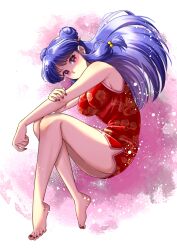  arm_on_knee bare_arms bare_legs bare_shoulders barefoot blue_hair bow breasts china_dress chinese_clothes curled_up double_bun dress female floating_hair from_side full_body hair_bobbles hair_bun hair_intakes hair_ornament hairbow hand_on_own_arm hand_on_own_elbow highres knees_together_feet_apart knees_up large_breasts light_blush long_hair looking_at_viewer nail_polish no_mouth pink_background print_dress ranma_1/2 red_dress red_eyes red_nails shampoo_(ranma_1/2) short_dress sidelocks sleeveless sleeveless_dress solo swept_bangs toenail_polish toenails toes yuzukawa_ryo 