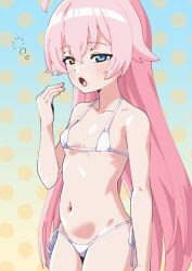  absurdres bikini blue_archive blue_eyes breasts commentary cowboy_shot female hair_between_eyes hair_flaps hand_up heterochromia highres hoshino_(blue_archive) long_hair looking_at_viewer micro_bikini navel oinari_(koheihei1109) open_mouth pink_hair polka_dot polka_dot_background side-tie_bikini_bottom small_breasts solo stomach swimsuit tearing_up very_long_hair white_bikini yellow_eyes 