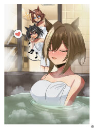  3girls absurdres ahoge alternate_costume animal_ears artist_logo bare_shoulders bath bathing bathroom beamed_sixteenth_notes black_hair breasts brown_hair cheval_grand_(umamusume) color_neko_(user_yfvc3323) commentary_request eighth_note hair_between_eyes hair_ornament heart highres horse_ears horse_girl kitasan_black_(umamusume) looking_at_viewer medium_breasts multicolored_hair multiple_girls music musical_note quarter_note short_hair singing sounds_of_earth_(umamusume) sparkle spoken_heart spoken_musical_note steam streaked_hair umamusume white_hair 