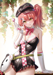  ahoge animal_bag arm_support black_hat black_leotard blush bow bowtie breasts cabbie_hat candy chinese_commentary closed_mouth collar commentary_request detached_collar female food food_in_mouth frilled_leotard frills girls&#039;_frontline girls&#039;_frontline_2:_exilium gloves hair_ornament hairpin haneru hat highres holding holding_candy holding_food holding_lollipop leaf leotard lollipop looking_at_viewer mp7_(girls&#039;_frontline) multiple_hairpins official_alternate_costume one_side_up partially_fingerless_gloves pink_bow pink_bowtie pink_hair print_leotard short_hair solo two-tone_leotard white_collar white_gloves white_leotard yellow_eyes zipper zipper_leotard 