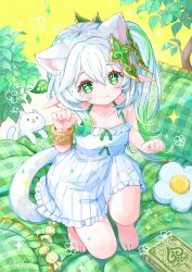  :3 alternate_costume animal_ear_fluff animal_ears bare_shoulders barefoot blush book bracelet cat_ears cat_tail collarbone commentary_request feline female genshin_impact green_eyes green_hair hair_between_eyes hair_ornament highres jewelry leaf_hair_ornament long_hair looking_at_viewer loungewear multicolored_hair nahida_(genshin_impact) on_one_knee paw_pose pointy_ears side_ponytail signature solo streaked_hair symbol-shaped_pupils tail white_cat white_hair yutukicom 