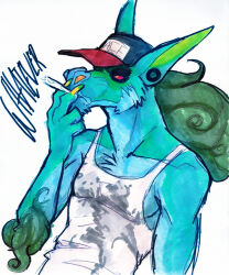  airu anthro asian_mythology canid chest_tuft claws clothed clothing curled_hair drugs ear_piercing east_asian_mythology foo_dog fur hair jake_(airu) joint long_ears long_hair looking_away male mammal marijuana muscular mythology piercing red_sclera redneck shirt simple_background smoking smoking_marijuana solo standing tank_top topwear trucker_hat tuft 