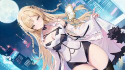  absurdres aqua_eyes black_thighhighs blonde_hair breasts building cityscape cleavage closed_mouth coat coat_hold commentary commentary_request detached_sleeves earrings female full_moon girls&#039;_frontline girls&#039;_frontline_neural_cloud hair_ornament hand_mirror highres jewelry k5_(girls&#039;_frontline) long_hair looking_at_viewer luna_(neural_cloud) mirror moon night night_sky scourer_14 skindentation sky sleeveless sleeveless_coat smile solo star_(sky) thighhighs white_coat 