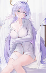  absurdres animal_on_shoulder arm_under_breasts bird blush breasts closed_mouth earrings face_jewel female green_eyes halo head_wings highres honkai:_star_rail honkai_(series) jewel_under_eye jewelry large_breasts looking_at_viewer naked_shirt purple_hair robin_(bird) robin_(honkai:_star_rail) shirt single_off_shoulder sitting solo themaree white_shirt white_wings wings 