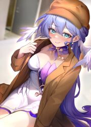  absurdres blush breasts brown_coat brown_hat cabbie_hat closed_mouth coat dress earrings female green_eyes hat head_wings highres honkai:_star_rail honkai_(series) hungz indoors jewel_under_eye jewelry long_hair looking_at_viewer medium_breasts purple_dress purple_hair robin_(honkai:_star_rail) sitting smile solo two-tone_dress white_dress wings 