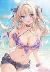  arm_support bare_shoulders beach bikini bikini_under_clothes black_choker blonde_hair blue_eyes blue_shorts blue_sky blush bracelet breasts choker cleavage cloud cloudy_sky cutoffs day denim denim_shorts female frilled_bikini frills front-tie_bikini_top front-tie_top hair_ribbon heart heart_choker highres horizon jewelry karory large_breasts long_hair looking_at_viewer midriff navel ocean open_clothes open_fly open_mouth open_shorts original outdoors purple_bikini ribbon sand scrunchie short_shorts shorts side-tie_bikini_bottom sitting sky smile solo swimsuit torn_clothes torn_shorts two_side_up water wrist_scrunchie 