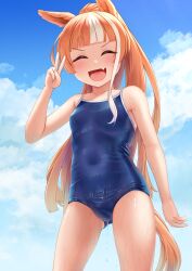  akikawa_yayoi_(umamusume) alternate_costume animal_ears blush breasts closed_eyes collarbone commentary_request covered_navel female highres horse_ears horse_girl horse_tail looking_at_viewer naka_ushiro open_mouth ponytail school_swimsuit sky small_breasts swimsuit tail umamusume v 