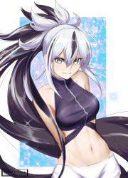  bare_shoulders black_hair black_shirt breasts cropped_shirt fate/grand_order fate_(series) female green_eyes hair_between_eyes highres long_hair looking_at_viewer medium_breasts midriff multicolored_hair nagao_kagetora_(fate) navel ponytail shirt short_shorts shorts sidelocks sleeveless sleeveless_shirt smile soezy solo thighs two-tone_hair uesugi_kenshin_(fate) uesugi_kenshin_(second_ascension)_(fate) very_long_hair white_hair white_shorts 