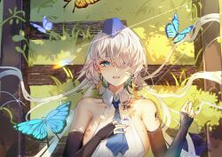  absurdres bare_shoulders black_gloves blue_butterfly blue_eyes blue_necktie blush breasts brid_(nikke) bug butterfly earrings female gloves goddess_of_victory:_nikke grass hair_over_one_eye highres jewelry large_breasts long_bangs long_hair looking_at_viewer necktie ponytail shirt solo xiongshouji 