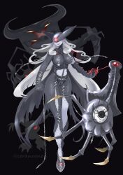  animate_object belt black_belt black_bodysuit black_lips black_mask black_wings blacktailmon bodysuit breasts ceranoone chain_around_arm chains claw_(weapon) claws clothing_cutout colored_skin covered_eyes demon_girl demon_wings digimon digimon_(creature) extra_eyes familiar female four_eyes full_body gem grey_skin grin highres holding holding_chain horns ladydevimon_x-antibody large_breasts lipstick long_claws long_hair looking_at_viewer makeup picodevimon red_eyes red_gemstone sharp_teeth silhouette simple_background smile solid_eyes standing stomach_cutout teeth torn_bodysuit torn_clothes torn_wings weapon white_hair wings zipper 