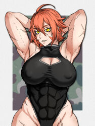  abs ahoge armpits arms_behind_head arms_up breasts cleavage covered_nipples facial_mark female girls&#039;_frontline hair_between_eyes highres ks-23_(girls&#039;_frontline) large_breasts leotard long_hair looking_at_viewer muscular muscular_female orange_hair presenting_armpit red_hair rob_110101101 shark sharp_teeth smile solo teeth yellow_eyes 