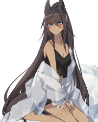  alternate_costume animal_ears bare_shoulders barefoot black_hair black_shorts black_tank_top blue_eyes breasts cleavage dark-skinned_female dark_skin earrings female full_body hair_between_eyes hair_ornament hairclip hands_on_own_thighs highres horse_ears horse_girl horse_tail jewelry long_hair medium_breasts ponytail shirt_partially_removed shorts simple_background single_earring sitting solo symboli_kris_s_(umamusume) tail tank_top toriumi_(fioripera14) umamusume very_long_hair wariza white_background 