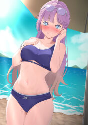  absurdres anyoji_hime beach beach_umbrella bikini blue_bikini blue_eyes blue_sky blunt_bangs blush breasts brown_hair closed_mouth cloud collarbone commentary_request day embarrassed eyewear_on_head female gradient_hair highres link!_like!_love_live! long_hair looking_at_viewer love_live! medium_breasts multicolored_hair navel outdoors purple_hair sidelocks sky solo standing sunglasses swimsuit thighs two-tone_hair umbrella zanpon 