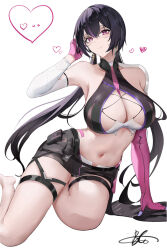  asymmetrical_gloves baige0 bare_shoulders barefoot black_shorts breasts closed_mouth commentary_request elbow_gloves female glasses gloves heart large_breasts looking_at_viewer mismatched_gloves mole mole_under_eye navel pink_gloves purple_eyes purple_hair short_shorts shorts signature simple_background sitting smile snowbreak:_containment_zone solo stomach thighs vidya_shannon white_background 