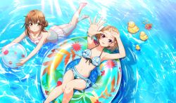  2girls afloat amakusa_kotone arched_bangs arm_up ball barefoot beachball bikini blue_bikini blue_bow bow bracelet brown_eyes brown_hair cinderella_series floral_print_bikini frilled_bikini frills from_above game_cg hachigatsu_no_cinderella_nine hair_ornament hairbow halterneck highres holding holding_ball holding_beachball jewelry long_hair looking_at_another looking_up lying multiple_girls navel necklace non-web_source notice_lines official_art open_mouth outdoors outstretched_arm pink_bikini purple_eyes red_bow rubber_duck short_hair smile sparkle squirrel swim_ring swimsuit ukita_akane water 