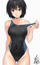  amagami black_eyes black_hair breasts clothes_pull collarbone commentary_request competition_swimsuit covered_navel cowboy_shot dated female highleg highres looking_at_viewer medium_breasts nanasaki_ai one-piece_swimsuit one-piece_swimsuit_pull open_mouth revision short_hair signature simple_background solo swimsuit tan tanlines yoo_tenchi 