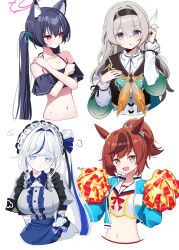  4girls animal_ears aokumo_rin bikini black_bikini black_hair black_hairband black_jacket blue_archive blue_eyes blue_hair blue_jacket blush brown_eyes brown_hair cat_ears cat_girl commentary crop_top cropped_jacket deadnooodles firefly_(honkai:_star_rail) grey_hair hair_between_eyes hair_ornament hairband halterneck highres holding holding_pom_poms honkai:_star_rail honkai_(series) horse_ears horse_girl jacket long_hair long_sleeves looking_at_viewer looking_to_the_side multiple_girls navel neckerchief nice_nature_(run&amp;win)_(umamusume) nice_nature_(umamusume) off-shoulder_bikini off_shoulder official_alternate_costume one_side_up open_clothes open_jacket open_mouth orange_neckerchief pom_pom_(cheerleading) ponytail purple_eyes serika_(blue_archive) serika_(swimsuit)_(blue_archive) shirt simple_background single_hair_ring stellive swimsuit twintails umamusume virtual_youtuber white_background white_hair white_shirt 