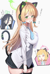  3girls ^_^ absurdres aged_up alternate_hair_length alternate_hairstyle animal_ear_headphones animal_ears aris_(blue_archive) black_hair black_shorts black_thighhighs blonde_hair blue_archive blue_bow blue_necktie bow breasts cat_ears cat_tail closed_eyes commentary_request cowboy_shot fake_animal_ears fake_tail green_eyes green_halo hair_between_eyes hairbow halo headphones highres large_breasts long_hair_between_eyes long_sleeves madai_(mappy) midori_(blue_archive) momoi_(blue_archive) multiple_girls necktie one_side_up open_mouth pink_eyes pink_halo shirt short_shorts shorts simple_background smile solo_focus surprised tail thighhighs translation_request white_background white_shirt 