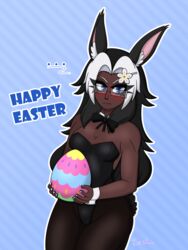  1girls angry black_hair blue_eyes blue_nails blush bonnie_the_bun_maid bowtie bowtie_collar bunny_ears bunny_girl bunny_tail bunnysuit dark-skinned_female dark_skin easter easter_egg flower_hair_ornament flustered glasses hairclip holding_object long_hair looking_away multicolored_hair oerba_yun_fang original original_character painted_nails small_breasts terton thick_thighs tights white_hair 