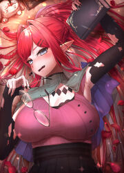  absurdres armpits baobhan_sith_(fate) baobhan_sith_(swimsuit_pretender)_(fate) baobhan_sith_(swimsuit_pretender)_(second_ascension)_(fate) black_nails black_skirt blush book breasts capelet cernunnos_(fate) detached_sleeves ear_piercing earrings fangs fate/grand_order fate_(series) female grey_capelet grey_eyes hand_up highres holding holding_book jewelry long_hair looking_at_viewer lying on_back open_mouth pemojoke piercing pink_hair pointy_ears ponytail purple_shirt round_eyewear shirt sidelocks skirt solo unworn_eyewear upper_body wavy_mouth 