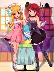  2girls absurdres angel angel_(devilish_hairdresser) animal benzbt black_dress blonde_hair breasts cleavage commentary demon_girl demon_horns devil_(devilish_hairdresser) devilish_hairdresser dress english_commentary feline grin halo head_wings highres holding holding_phone holding_scissors horns indoors long_hair multiple_girls phone pink_dress purple_dress red_hair ribbon scissors sitting smile standing standing_on_one_leg sweatdrop wings 