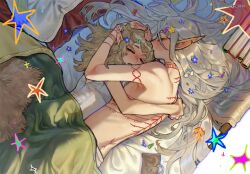  1boy arm_tattoo arms_around_back back_tattoo blanket blonde_hair blush book chest_tattoo closed_eyes dungeon_meshi elf female fleki grey_hair hair_ornament hair_spread_out hairclip hand_on_another&#039;s_back hand_on_another&#039;s_head hand_tattoo highres hug long_hair lycion lying neck_tattoo notched_ear nova_1810 on_side pointy_ears profile shadow sleeping star_(symbol) tattoo topless_male tunic under_covers 