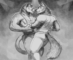  2024 anthro biped bottomwear canid canine canis clothing cougar dancing digital_media_(artwork) duo eye_contact felid feline grey_background greyscale hi_res looking_at_another male male/male male_anthro mammal monochrome muscular muscular_anthro muscular_male pants repzzmonster shirt simple_background smile smiling_at_another t-shirt tank_top topwear wolf 